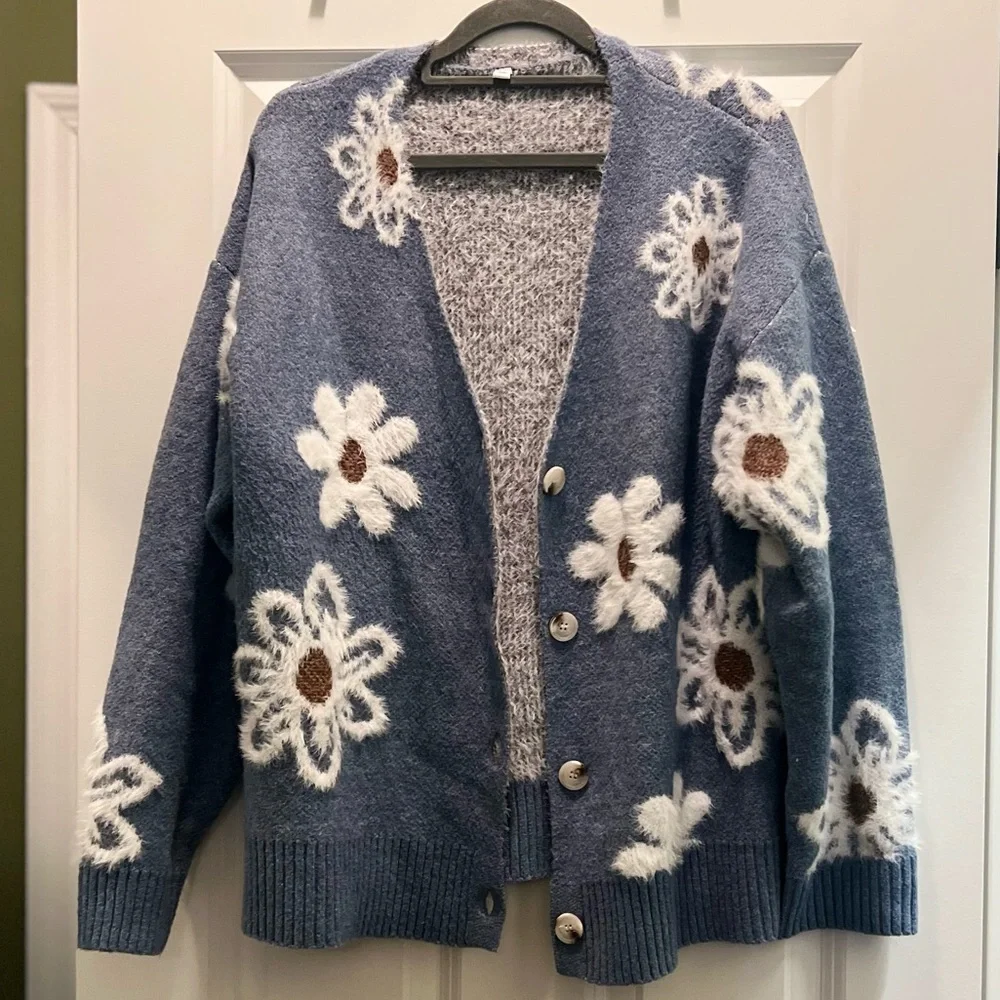 Bibifish floral print soft fuzzy knit button up cardigan sweater